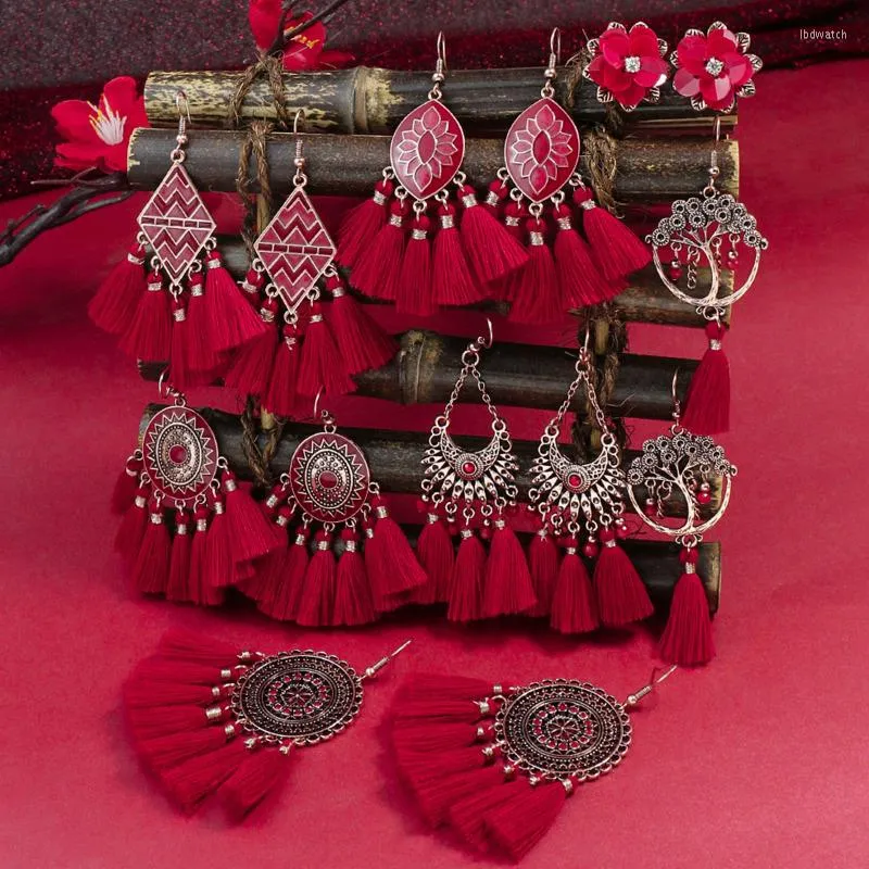 Brincos de bronzeamento no estilo chinês Bohemian Red Bridal para ervas daninhas Temperamento Droga de borla vintage antiga geométrica