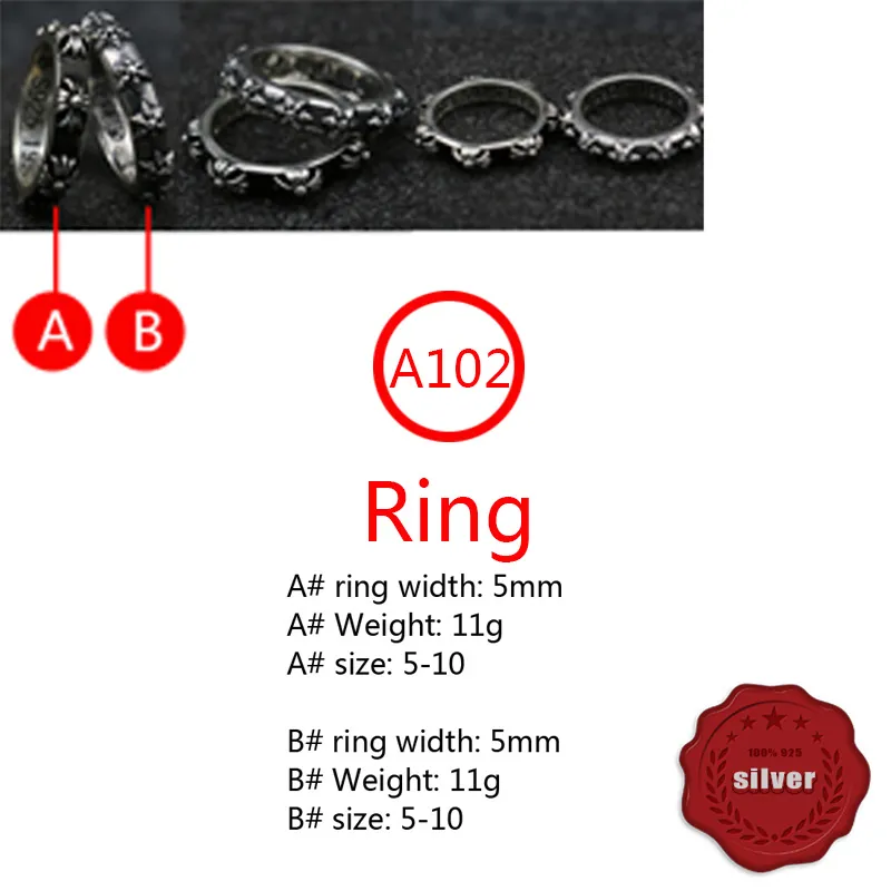 A102 S925 Sterling Silver Ring Fashion Retro Personlighet Cross Flower Hip Hop Letter Net Red mångsidig punkstil smycken gåva för älskare