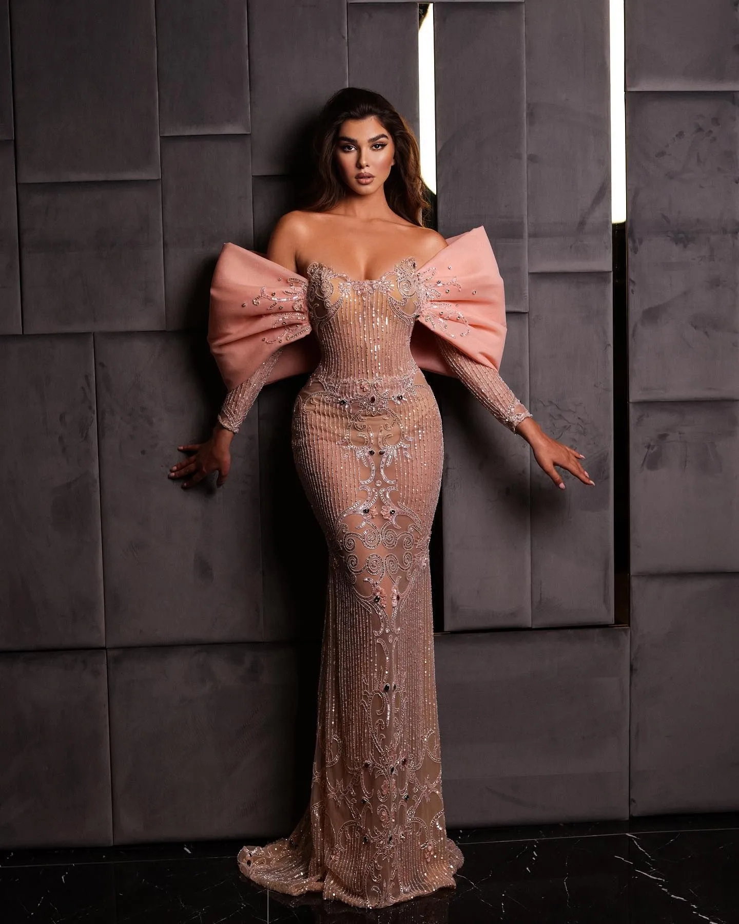 Shiny Sequins Beads Prom Dresses 2023 Elegant Pink Mermaid Evening Dress Custom Made Long Sleeves Glitter Women Celebrity Party Gown GB1006