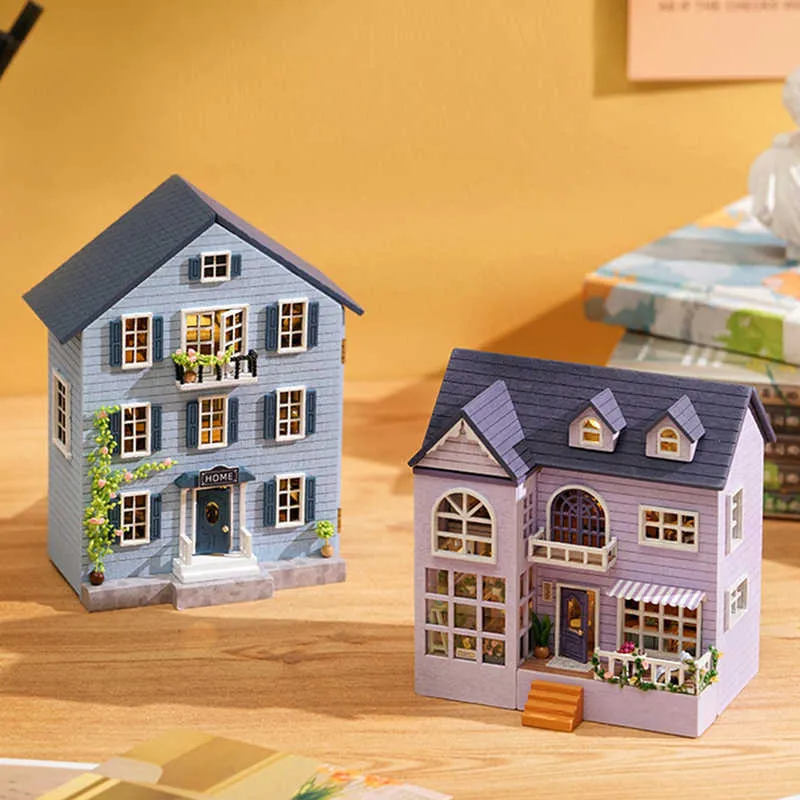 Architecture DIY Wooden Miniature Building Kit Doll Houses with Furniture Light Molan Casa Dollhouse Handmade Toys for Girls Xmas Gifts