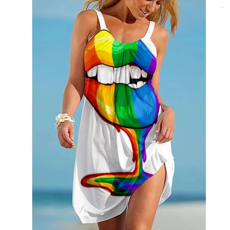 Robes décontractées jupe de plage pour femmes Sexy imprimé à lèvres vêtements de mode d'été sans manches longueur au genou ample jarretelle à larges bords
