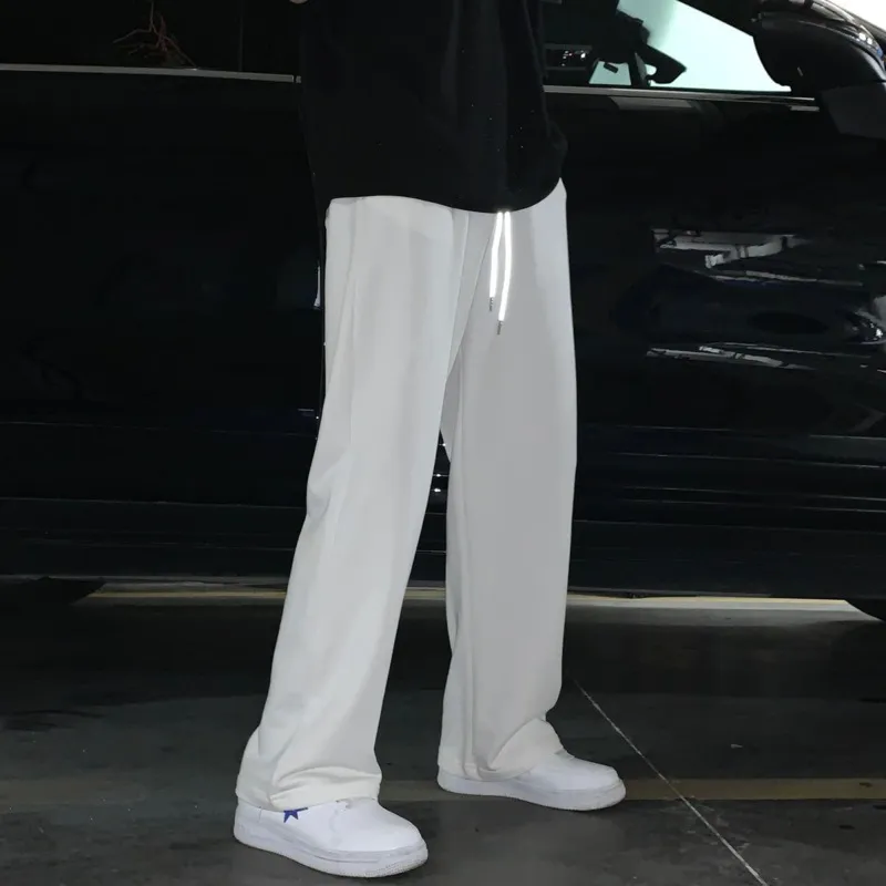 Calça masculina verão calça casual fino moda masculina cinza preto branco calça larga de perna larga masswear de streetwear solto de jogadores retos homens 2303327