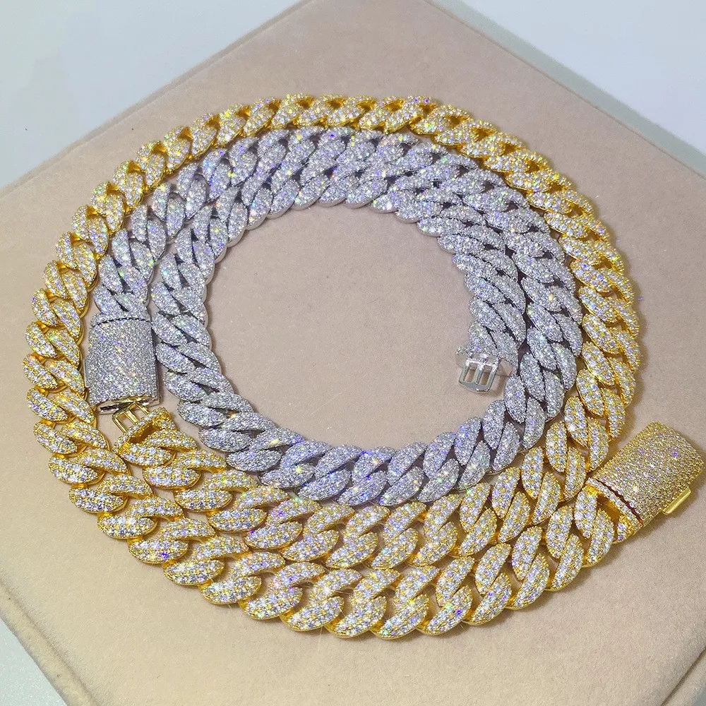 Moda Maissanite łańcuchy 12 mm 18-24 cala 925 srebrne srebrne Przedstawione Test Morsanite Diamentowy łańcuch kubański Bransoletka dla kobiet/mężczyzn Nice Gift