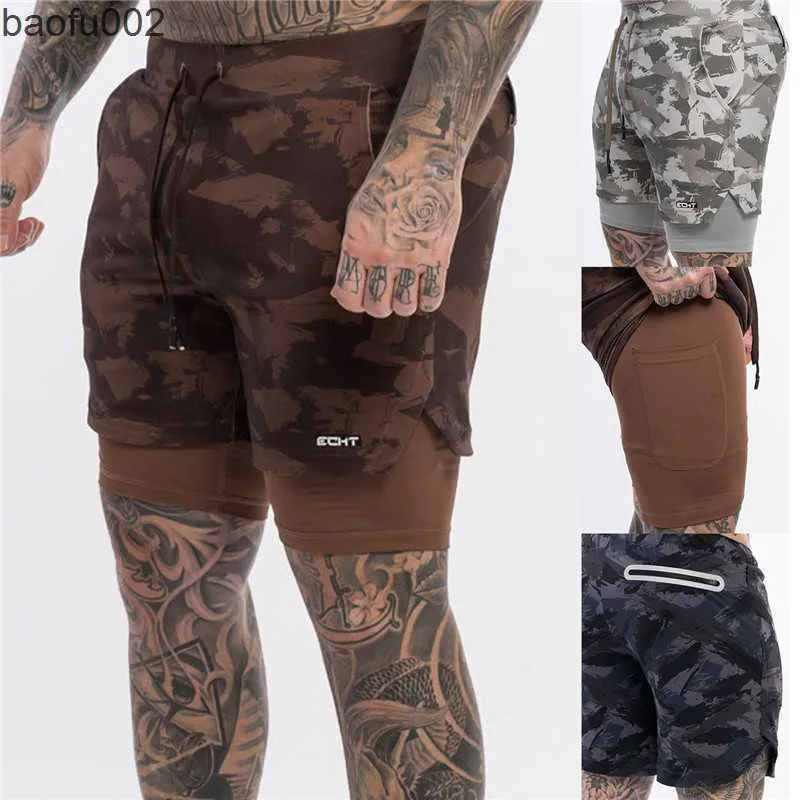 Herenshorts 2022 Zomer Nieuwe camouflage Heren shorts Jogger Double Layer 2 In 1 Fitness Training Quick Dry Heren Sports Pants W0327