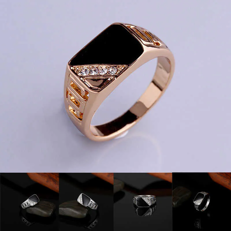 Band Rings Fashion Male Jewelry Classic Gold Color Rhinestone Wedding Ring Black Enamel Rings For Men Christmas Party Gift G230327