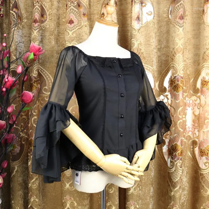 Damenblusen Vintage Damen-Lolita-Bluse, transparent, ausgestellte Ärmel, Rüschen, Chiffon