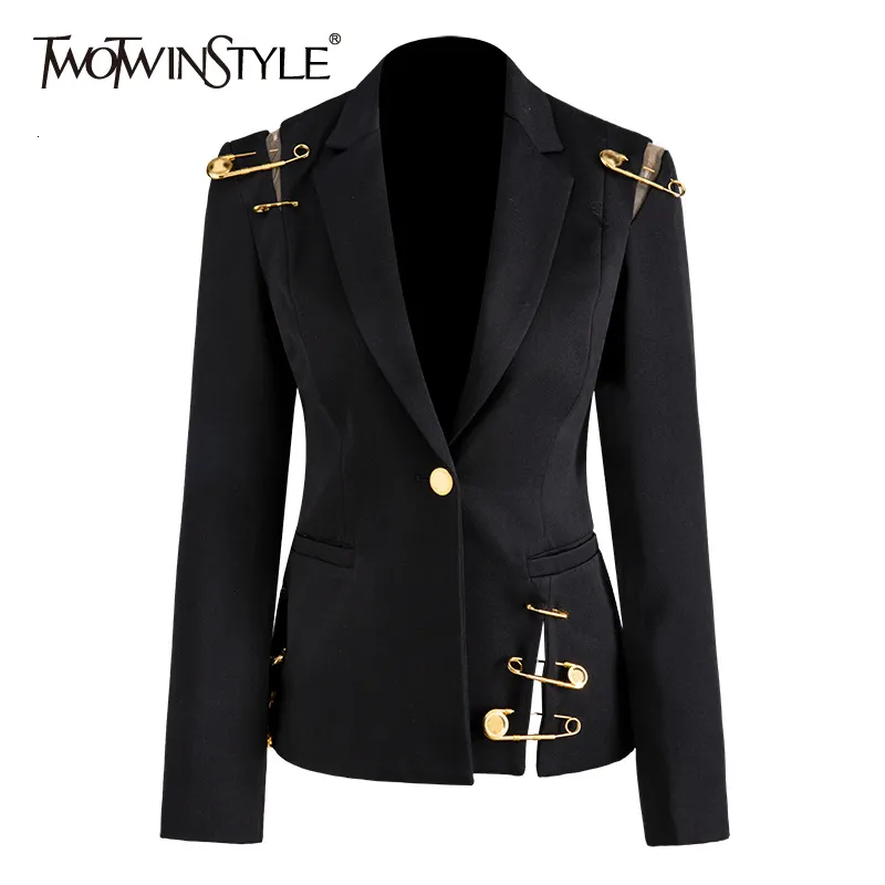 Women's Suits Blazers TWOTWINSTYLE Loose Fit Black Hollow Out Pin Spliced Jacket Blazer Lapel Long Sleeve Women Coat Fashion Autumn Winter 230327