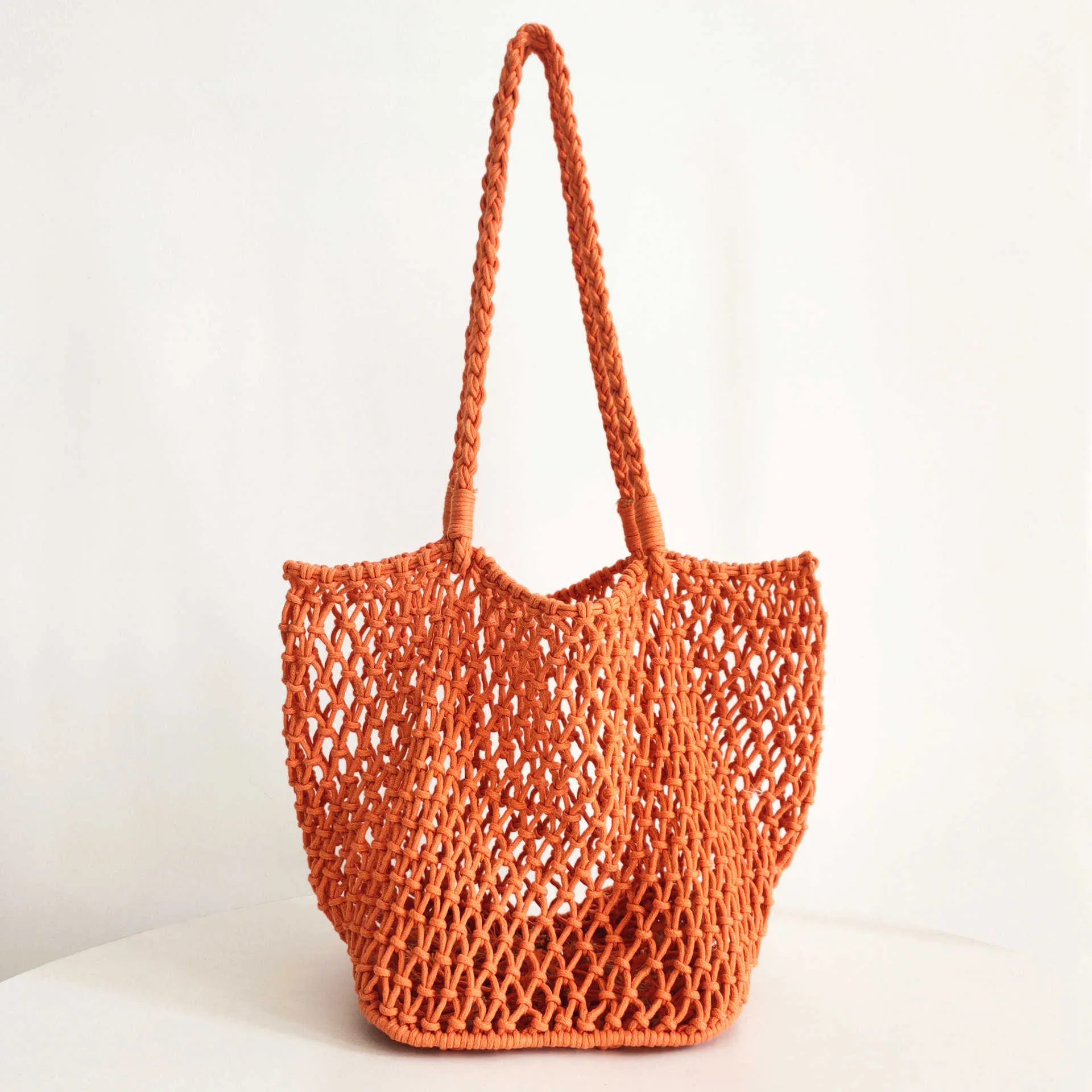 Beach Bags New Japanese and Korean Handwoven Hollow Net Cotton Rope One Shoulder Handbag Holiday Leisure 230327