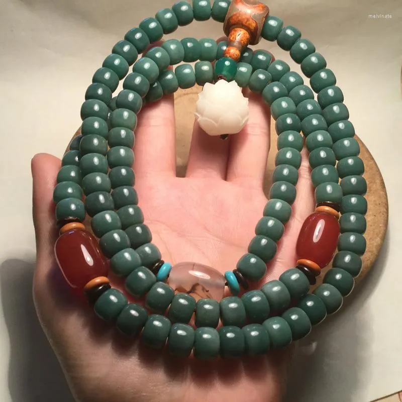 Natural Yin Leather Green Bodhi 108 Bracelet With Weathered Jade Bead