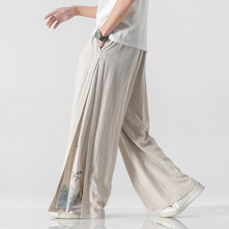 Calça masculina estilo chinês linho de linho de primavera algodão de perna larga e grande tamanho hanfu reto casual