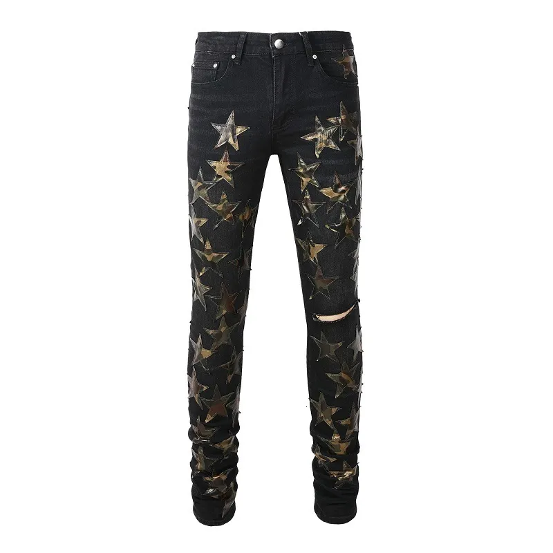 Men's Pants Black Distressed Streetwear Gold Stars Patches Slim Stretch Skinny High Street Fashion Style Ripped Jeans 230328