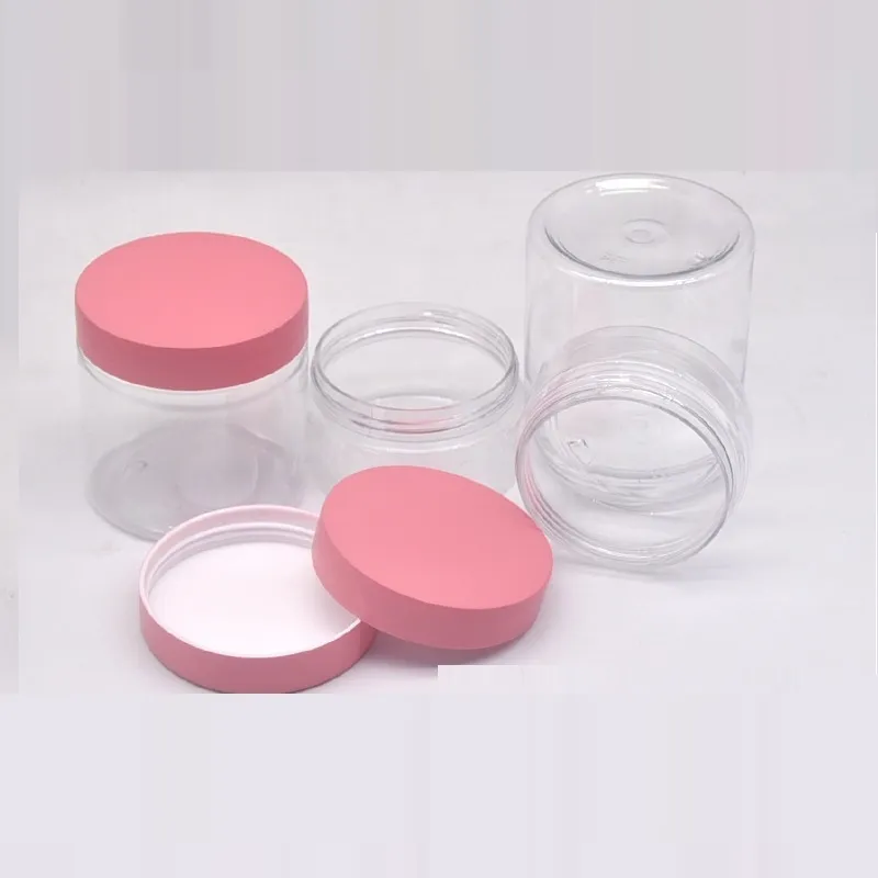 Bouteille de crème transparente pour animaux de compagnie, couvercle en plastique rose, pots vides pour crème pour les yeux, conteneur d'emballage cosmétique, pots rechargeables portables pour soins de la peau 50G 80G 100G 120G 150G 200G 250G