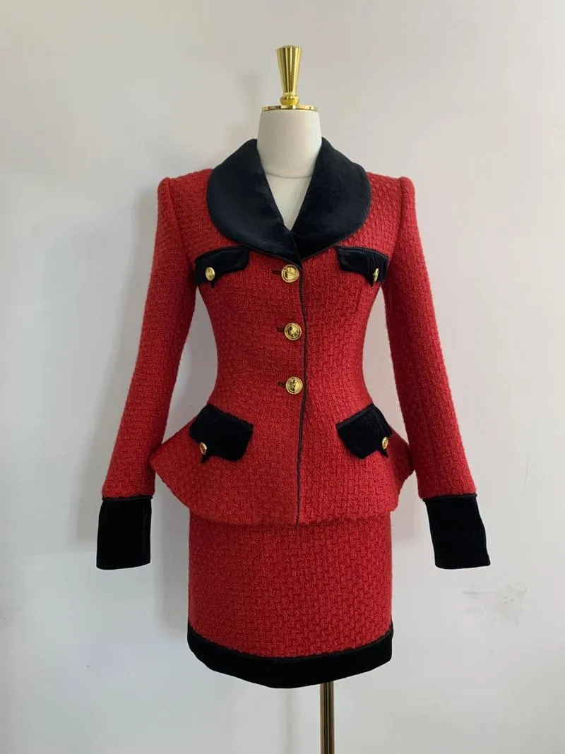 2023 Early Spring Luxury Red Tweed Woolen Two Piece Dress With Short