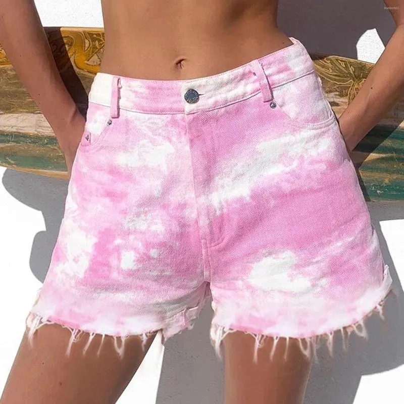 Frauen Shorts Mode Damen Rosa Tie-Dye Jeans Casual Mid Taille Denim Rippen Hosen Weibliche Loch Unten Streetwear