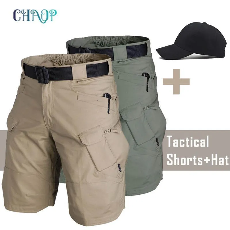 Shorts masculinos cargo cargo cargo tático curto shortpants masculino masculino 5xl shorts de calças curtas de vários bolsos de papel ao ar livre de caça ao ar livre com chapéu 230328