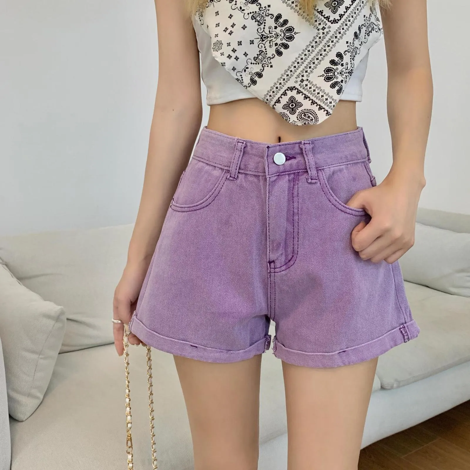 Women's Shorts Summer Women Pink Purple Shorts Sweet Girls High Waist Straight Denim Short Pants Casual Slim Cute Jeans Shorts 230328