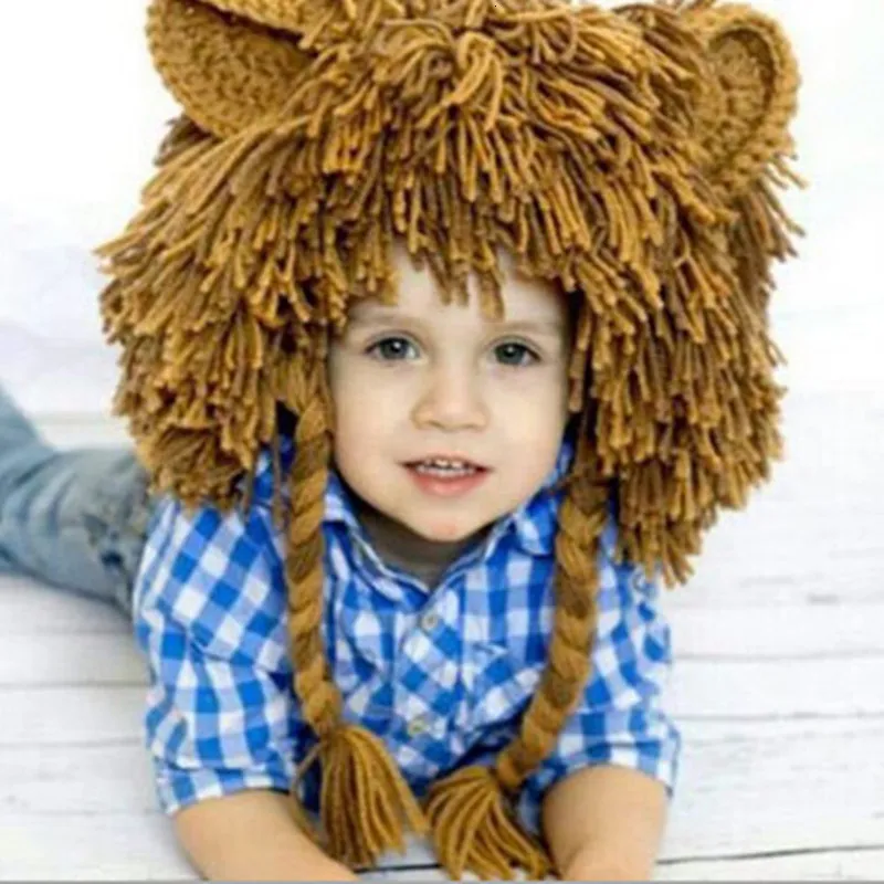 Caps Hats Funny Lion Children Baby Hat Hair Wig Cap Winter Warm Woolen Yarn Knitted Crochet Kids Hats and Caps Dress Up Pography Props 230328