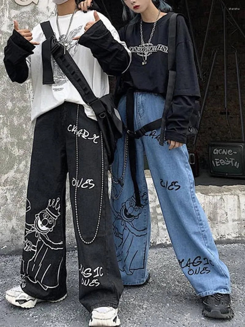 Jeans Feminino Verão Vintage Mulher Calças Longas Cowboy Fêmea Calças Superdimensionadas Streetwear Estampadas Desenho Animado Harajuku Amine