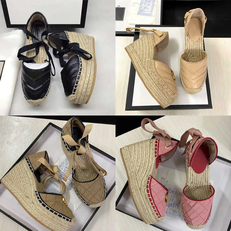 Luxury Women Sandals Straw Woven Wedge Espadrilles Platform Shoes Summer Fashion Woman Loafers Fisherman Canvas Shoe Open Toe Toe Dress Shoe With Box NO037