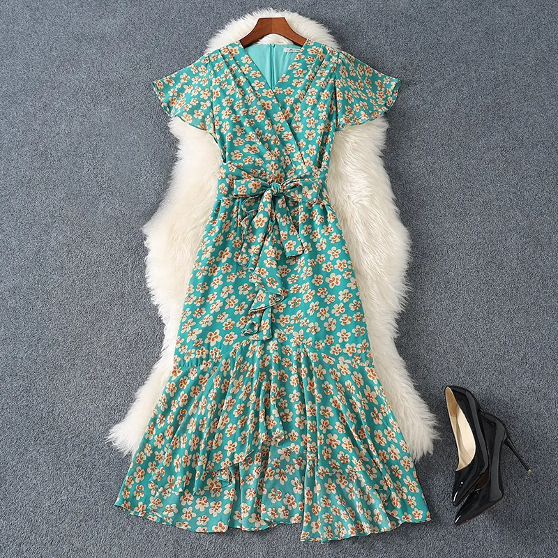 2023 Summer Green Floral Print Belted Mermaid Dress Chiffon V-hals Ruffled Short Sleeve Midi Casual Dresses M3M25B749