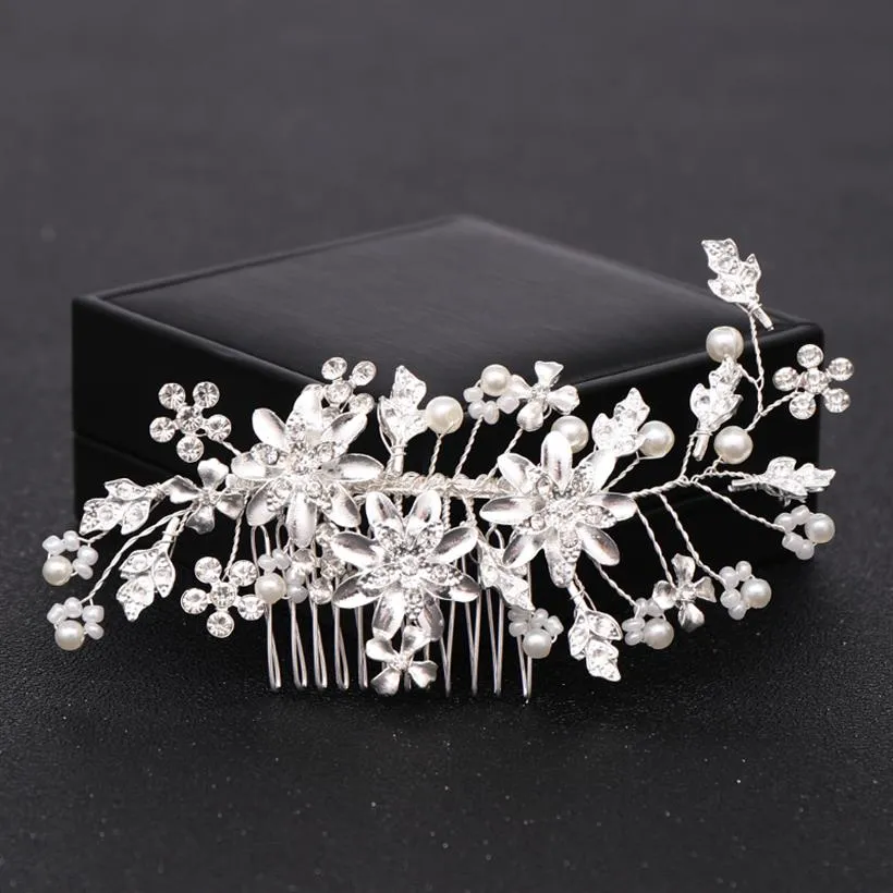 Trendy Bridal Hair Combs Accessories Wedding Headpiece Silver Color Pearl Crystal Women Hair Combs Flower Jewelry172B