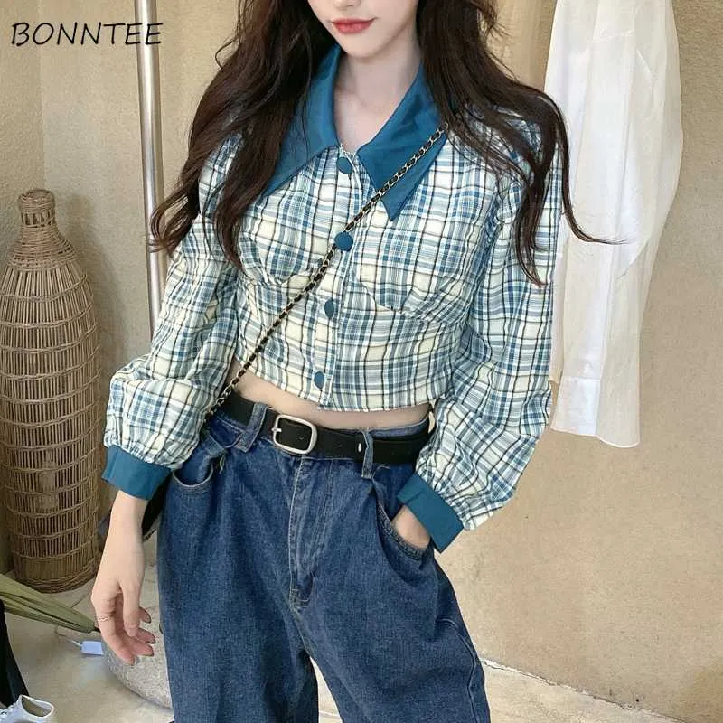 Kvinnors blusar skjortor kvinnor rutig avstängd krage söt höst lapptäcke fritid koreansk stil all-match vintage anbud studenter skörd topp topp