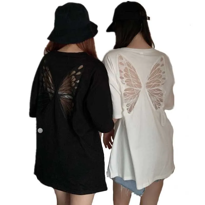 T-shirt femminile 2022 Summer Prospective Lace Butterfly Hollots Out Tshirts Street Fashion Tanda senza schienale Donne sciolte club sexy club magliette top p230328