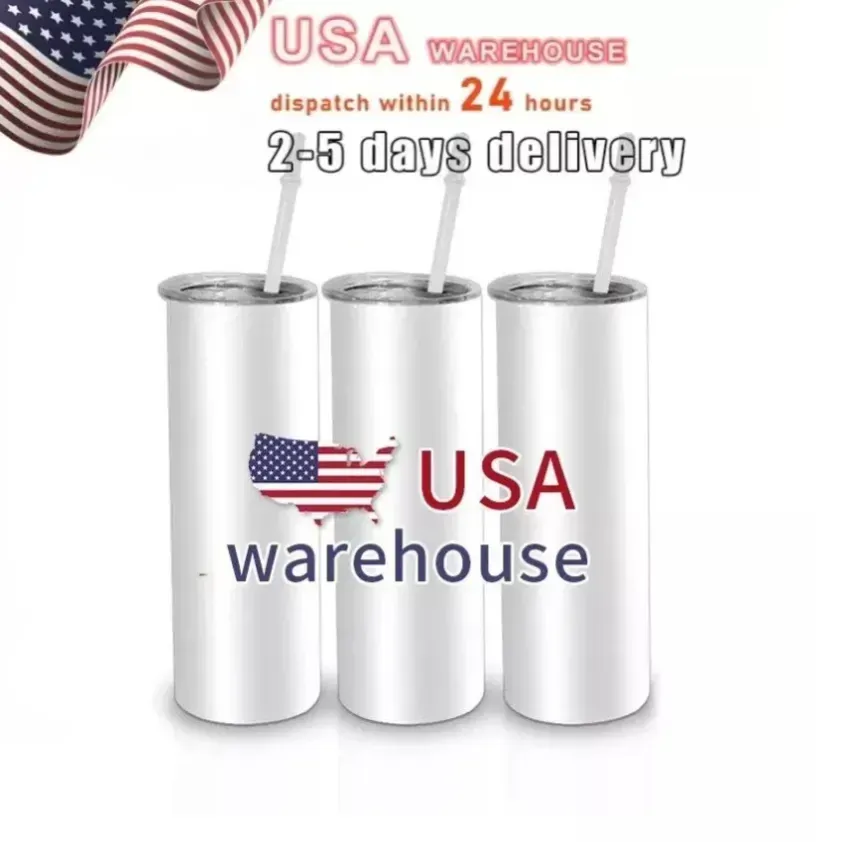 US-Lager 2 Tage Lieferung weiße Tassen Sublimationsbecher 20oz gerader Edelstahlrohlingsbecher mit Strohhalm tt0328