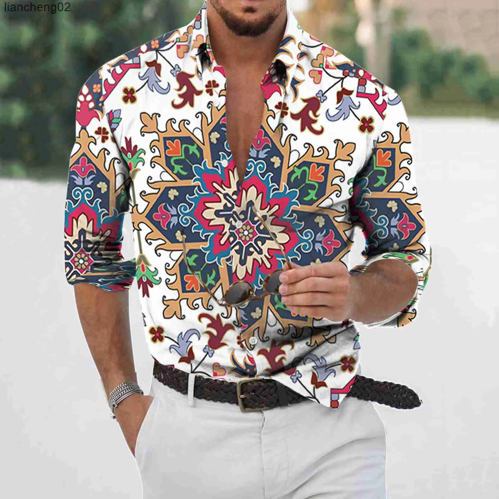 Camicie casual da uomo Vacanza casual da uomo a maniche lunghe Aloha Camicia hawaiana Etnica indiana stampata tropicale Aloha Camicetta azteca Camisa Hawaiana W0328