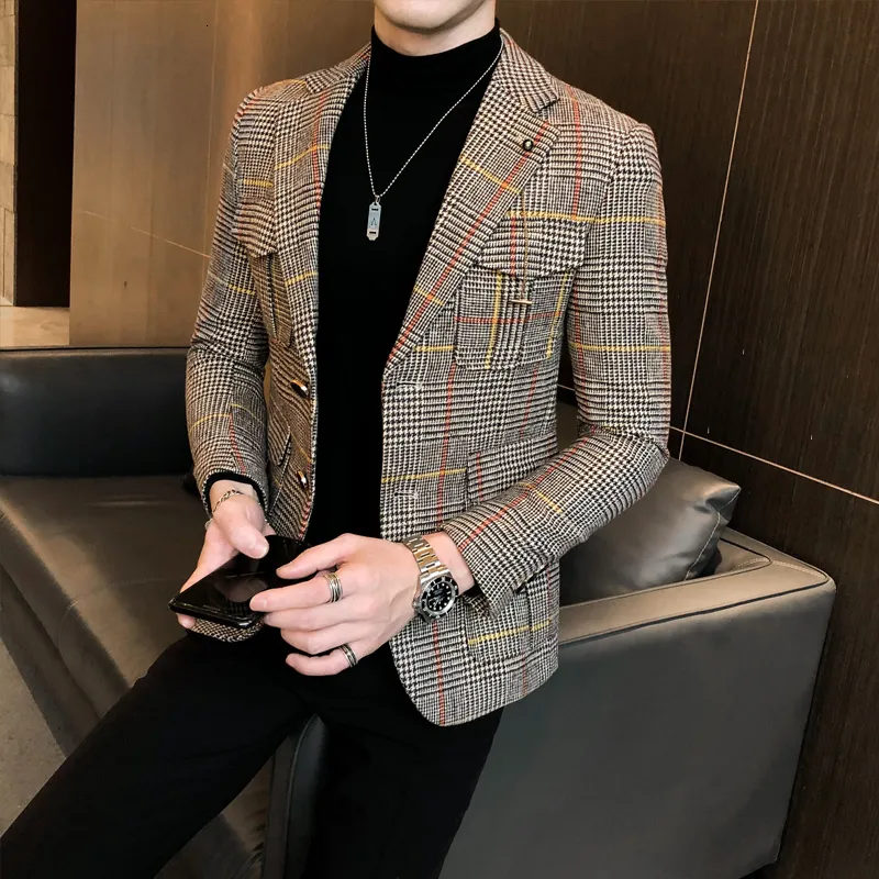 Men s Vintage Plaid Blazer British Style Suit Jacket Khaki Acetate Business Casual 2024 Trend