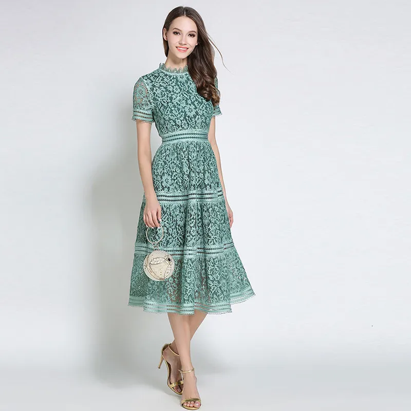 Casual Dresses Summer Women High Quality Elegant Slim Hollow Out A-Line Lace Midi Dress Vestidos Green White Pink 230327