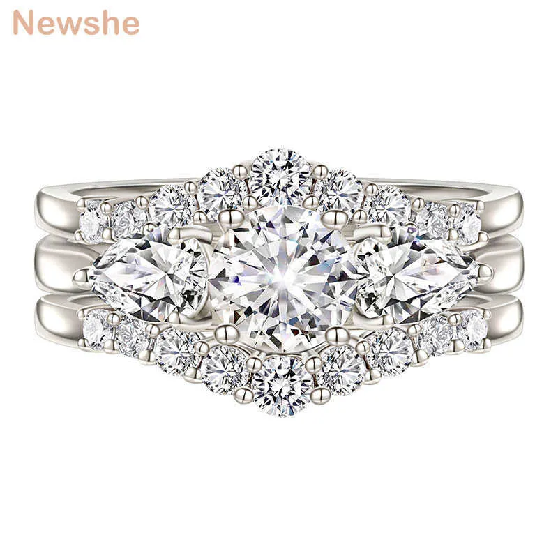 Bandringar Newshe Women's 3 Wedding Engagement Rings 925 Sterling Silver utsökta smycken med runda skurna strass AAAAA CZ Pears Z0327
