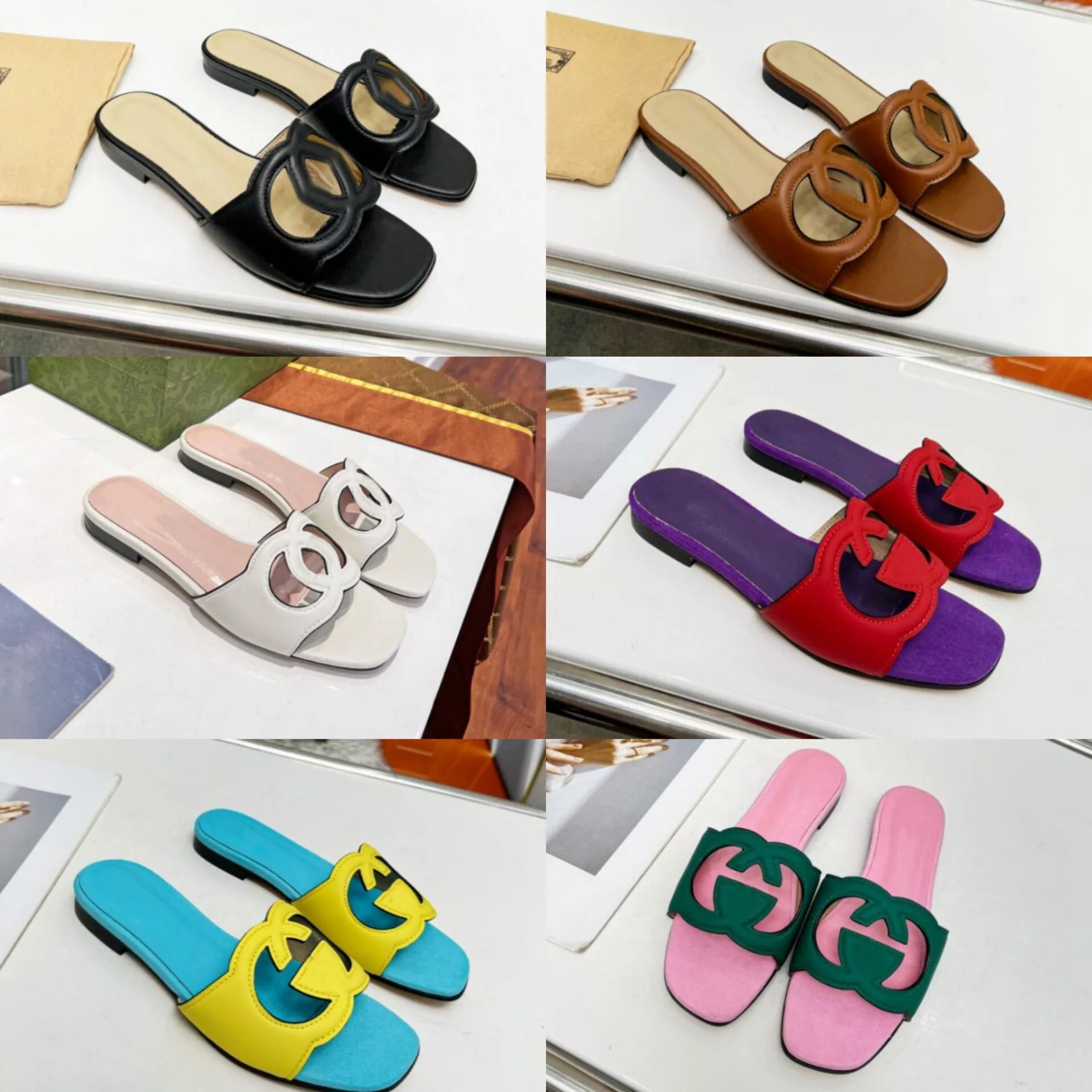 designer sandals Luxury Designer Leather Womens Sandals Summer Flats Fashion Beach Slippers Interlocking Double G Hollow Out 35-43