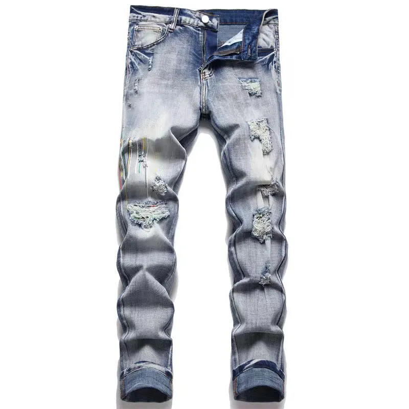 Designer jeans jeans lápis calça rasgada high-hop high street moda calça algodão bordado de motocicleta bordado de calça lisca e fino jeans preto