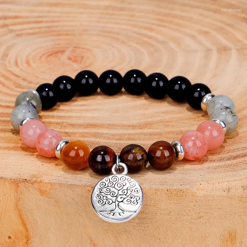 Strand Tree of Life Pendant Pärlor Elastiska armband Natural Stone Tiger Eye Pink Crystal Pärled Armband Bangle Women Men Yoga smycken