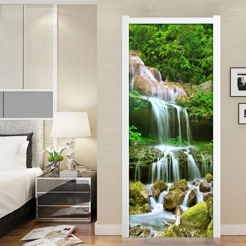 Fonds d'écran Cascade d'eau de montagne Nature Paysage Peinture murale Salon Chambre Porte Autocollant PVC Auto-adhésif Po Mural Papier Peint