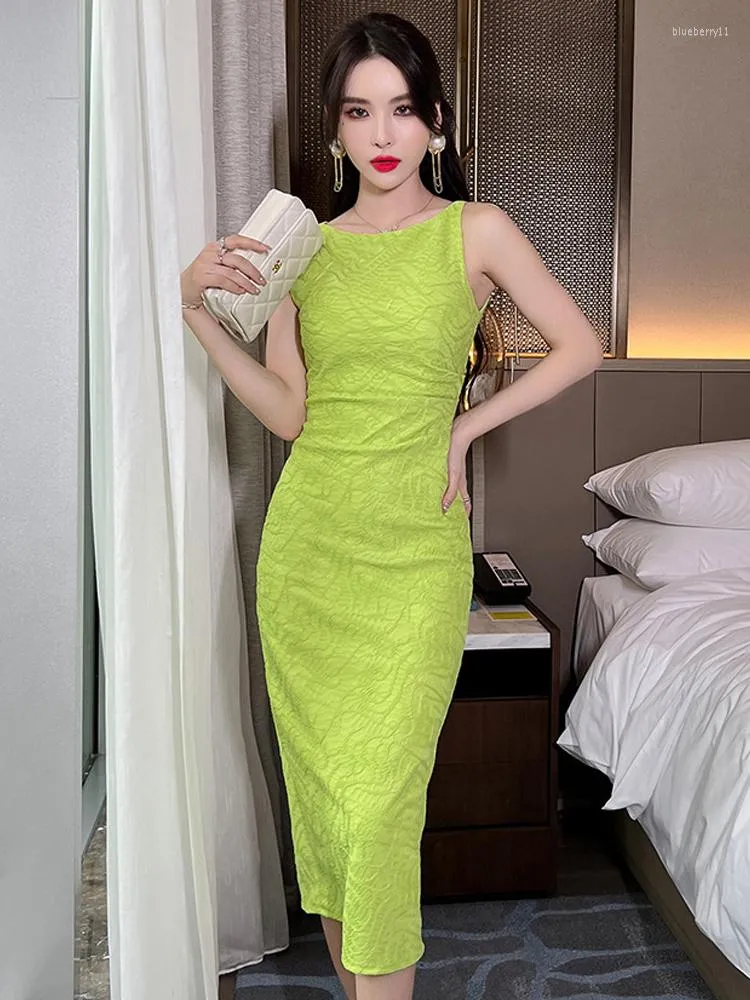 Casual Dresses Summer Women Midi Dress French Simple Elegant Green White Jacquard Cotton Camisole Slit Bodycon Robe Femme Party Banquet