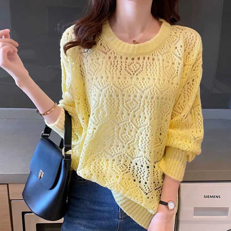 T-shirt da donna scava fuori estate pullover lavorato a maglia allentato top moda sottile pull pullover giallo o-collo maglia top maglia maglia donna P230328