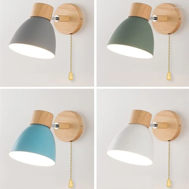 Vägglampor nordisk lampa med switchhuvud E27 Macaroon 6 Färgstyrning av träbelysning sovrum vardagsrum modern inomhus