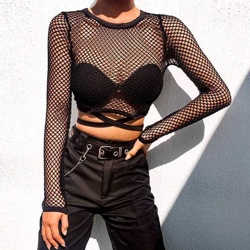 Kvinnors t-shirt svart sexig underkläder kommer mesh goth långärmad t-shirt ihålig genomskinlig fisknät toppar sommar streetwear kvinnokläder p230328
