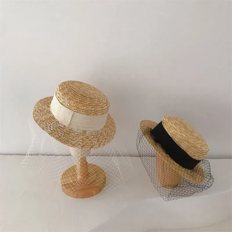 Caps Hats Koreaanse stijl Mesh Flat Top Straw Hat Gaat bij formele kleding Sweet Children's Sunhat Beach Hat Party Wear Fashionable Cap 230328