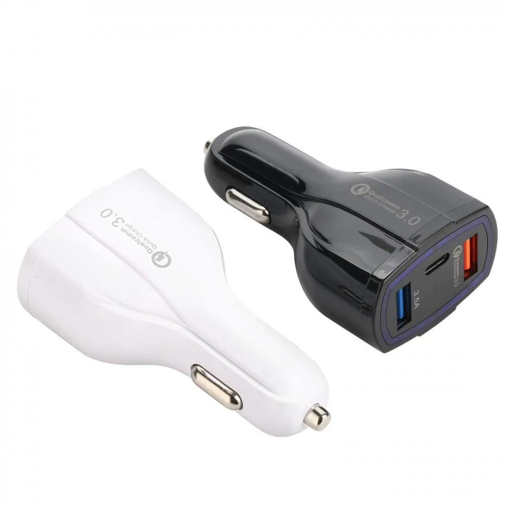 3-портовые светодиодные автомобильные зарядные устройства 3.5A USB QC3.0 Type-C Универсальная быстрая зарядка для iPhone 14 11 12 13 Pro Max Samsung Android Phone Mini Quick Chargers Adapter Adapter