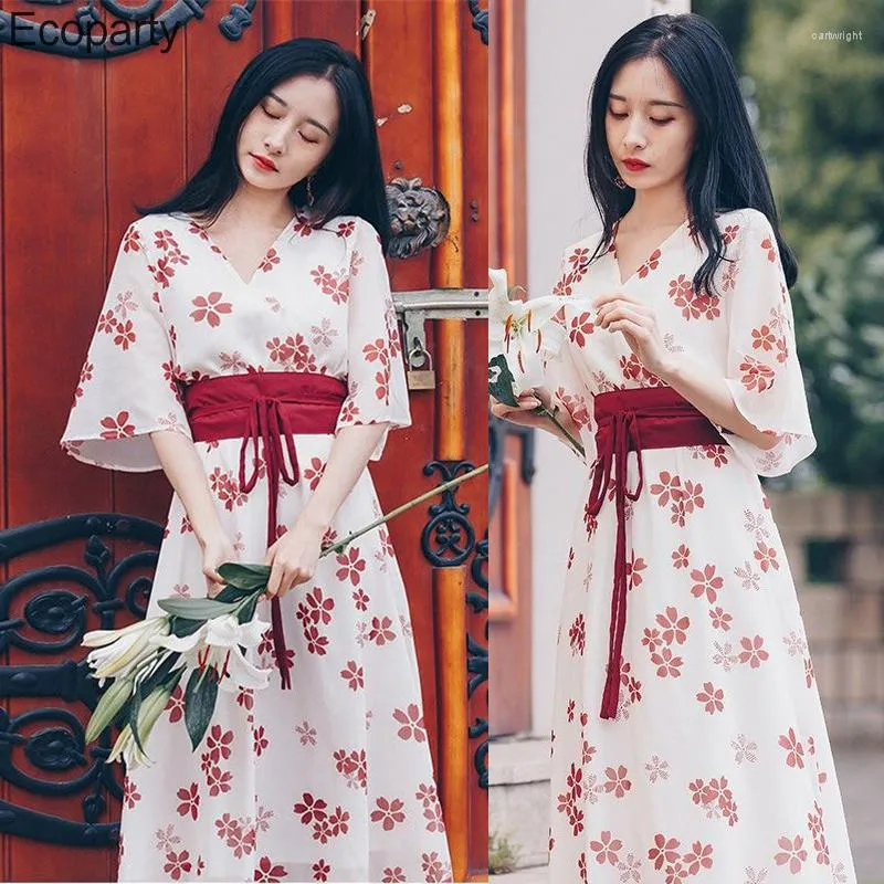 Casual Dresses 2023 Japanese Kimono Improve Chiffon For Women Elegant V-Neck Cherry Blossom Print Sweet Short Sleeves Knee Dress