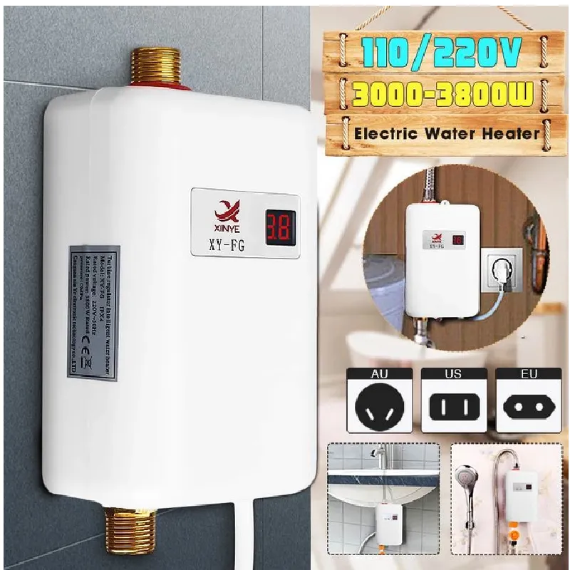 220V 3800W Tankless Electric Water Heater Bathroom Kitchen Instant Water Heater Temperature display Heating Shower Universa