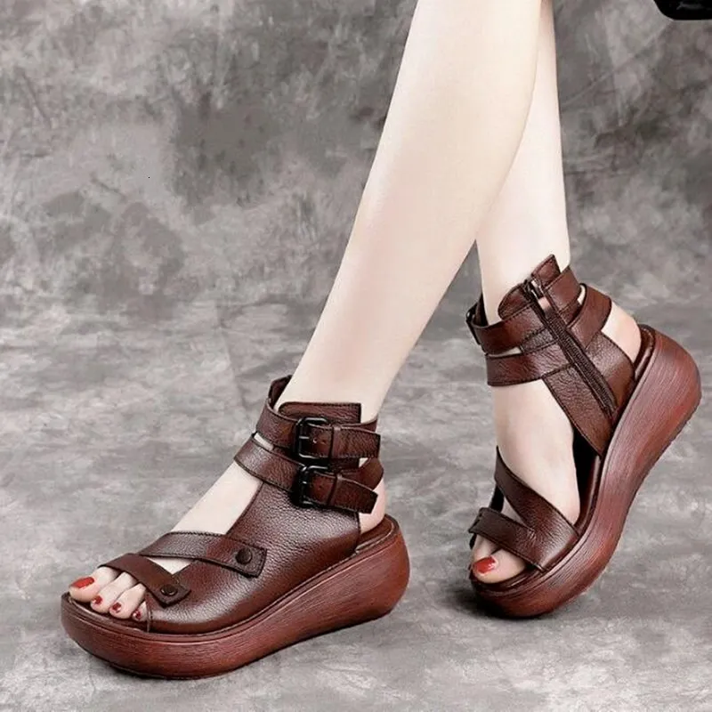 Sandal Summer Mid Heels Wedges Shoes Ladies Vintage Leather Plus Size 40 Sandalias Mujer Sapato Feminino Fashion Footwear 230328