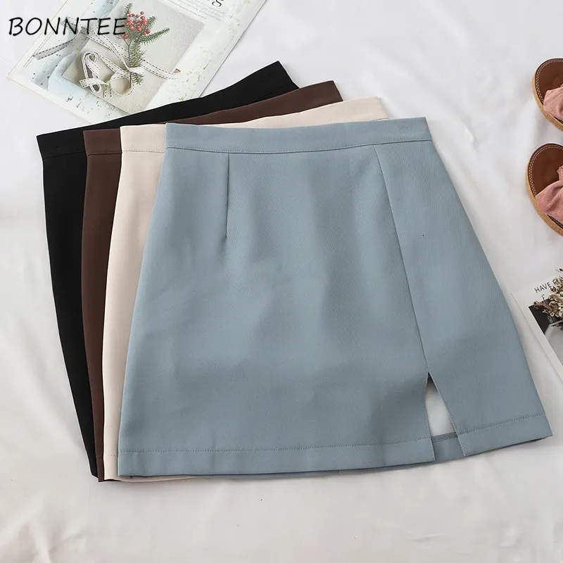 Skirt Solid High Waist Wrap Hip Basic Side Slit Work Wear A line Elegant Mini Skirt Slim All match Chic Trendy Simple 230327