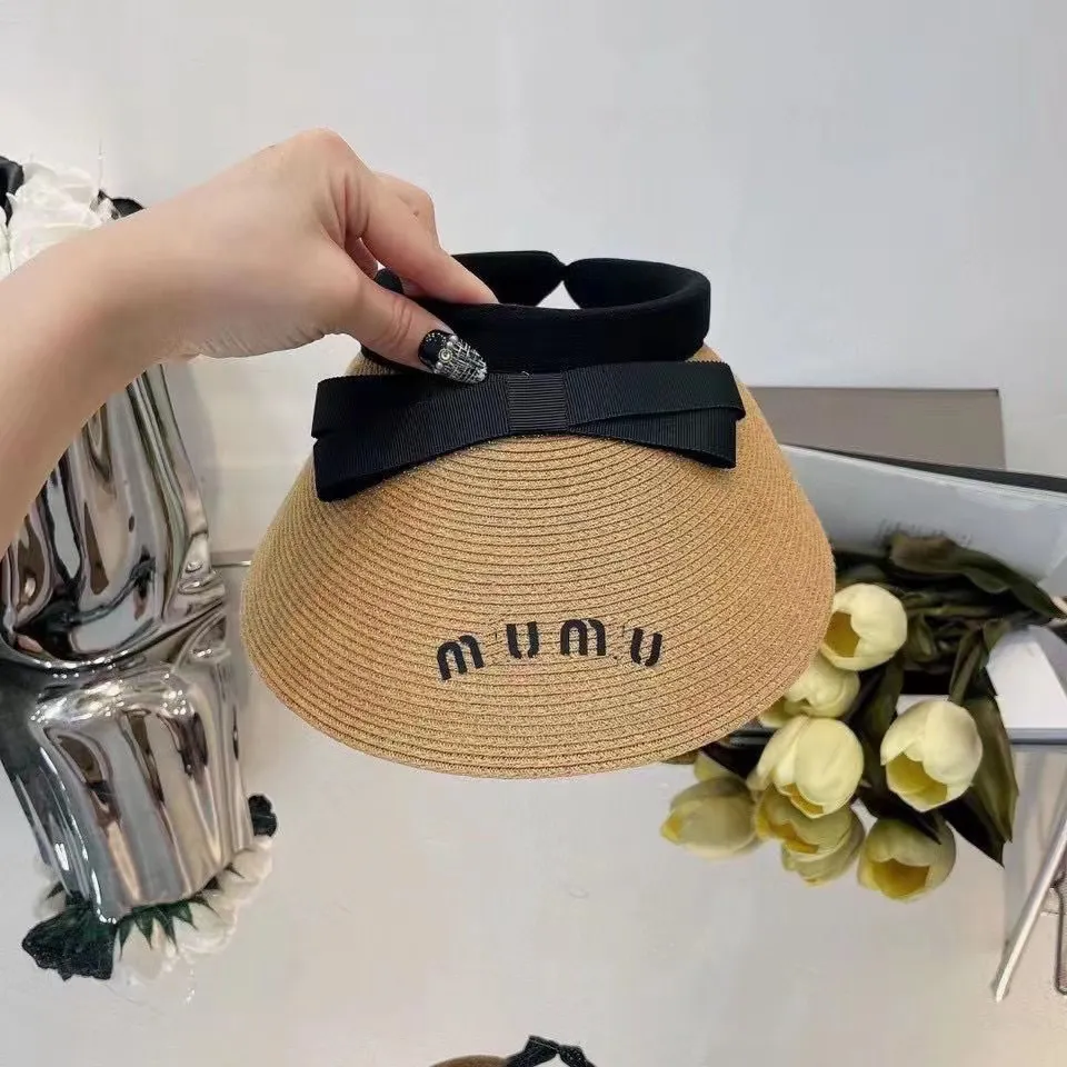 Top Caps Miu Kadınlar Boş Top Şapka Tasarımcısı Beanie Cap Sun Koruma UV Bowknot Büyük ağzına kadar hasır şapka