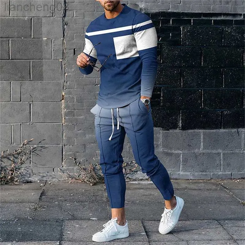 Tracksuits voor heren Men Fashion Nieuwe T-shirt Set Patchwork Long-mouw Casual Sportswear broek Outfit 2-delige extra grote man Spring herfst Tracksuit W0328