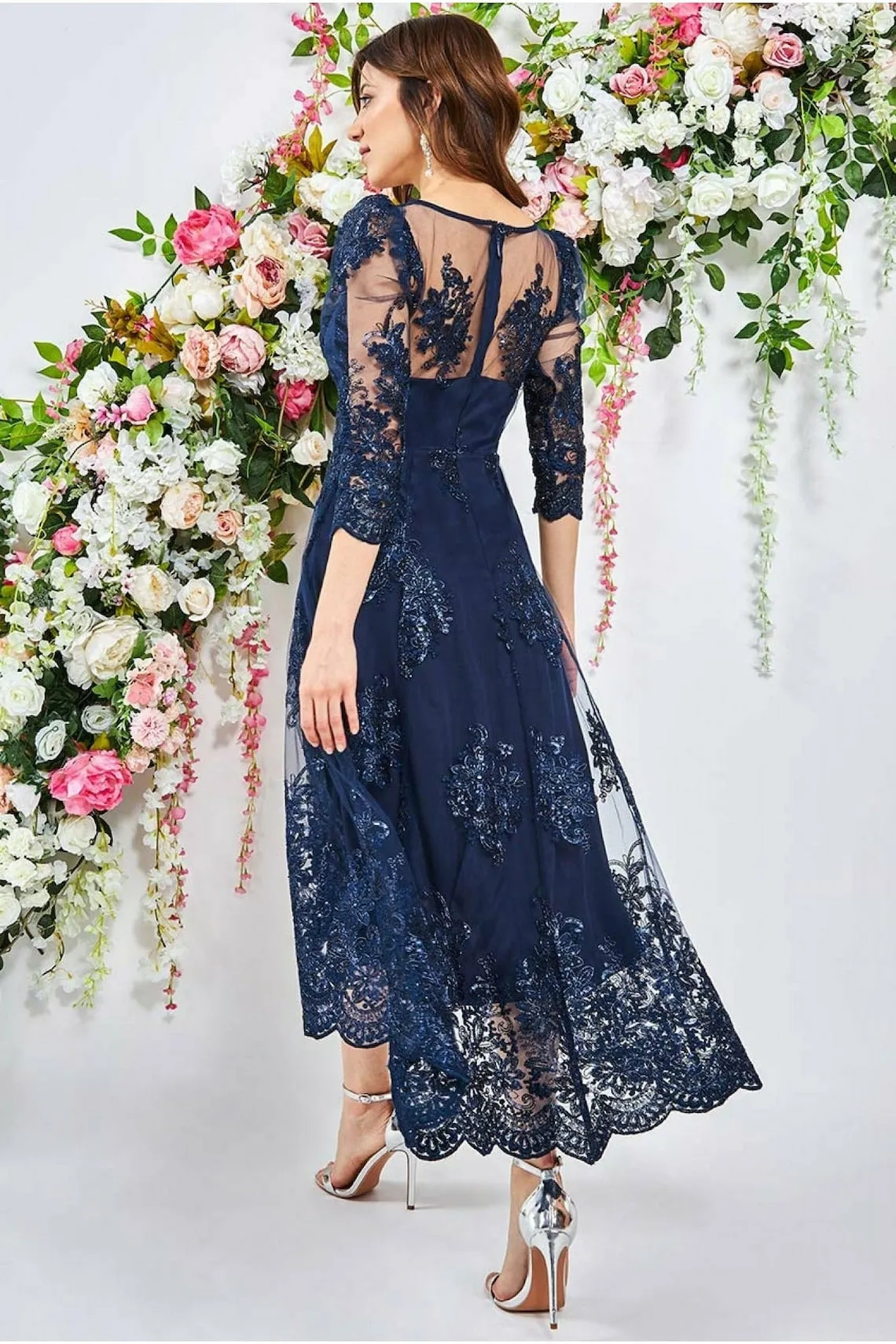 Navy Lace Appliqued Bridesmaid Dresses V Neckline Wedding Guest Dress Ankle  Length Tulle Beaded Country Maid Of Honor Gowns From Weddingteam, $113.07 |  DHgate.Com