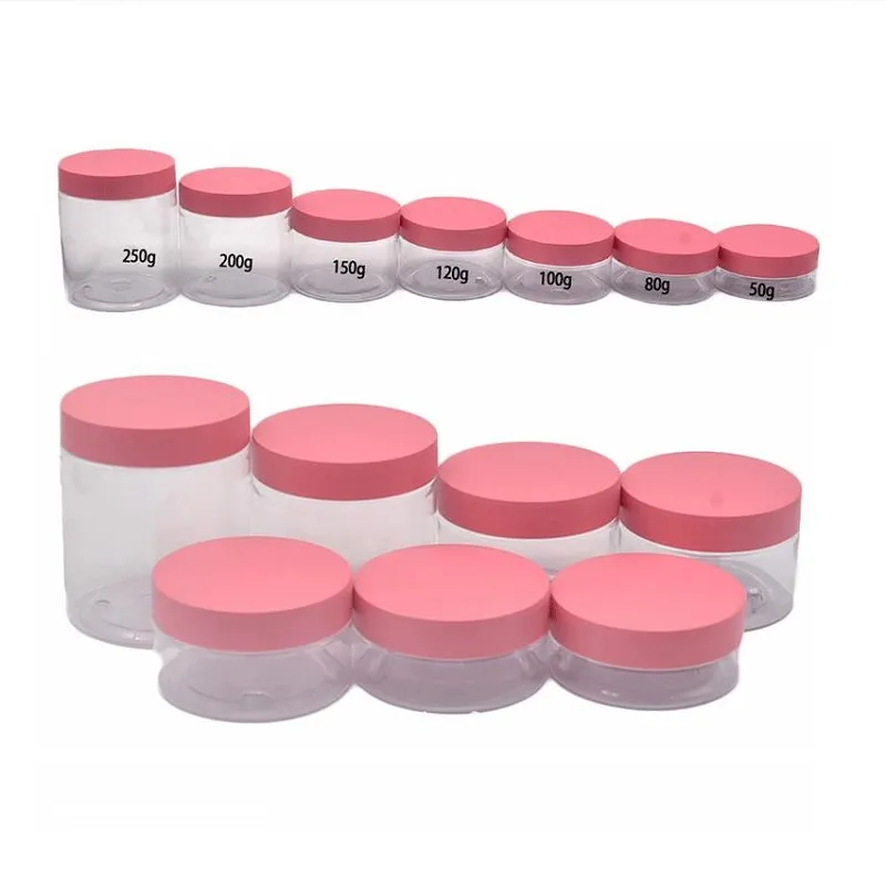 Bouteille de crème transparente pour animaux de compagnie, couvercle en plastique rose, pots vides pour crème pour les yeux, conteneur d'emballage cosmétique, pots rechargeables portables pour soins de la peau 50G 80G 100G 120G 150G 200G 250G